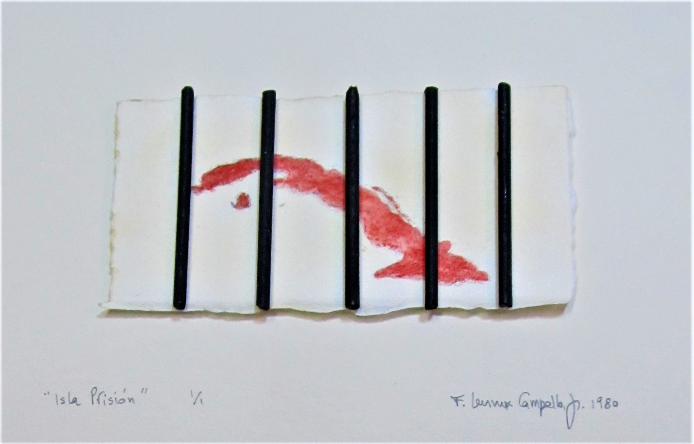 Original 1980 Cuban mixed media monoprint by Florencio Lennox Campello