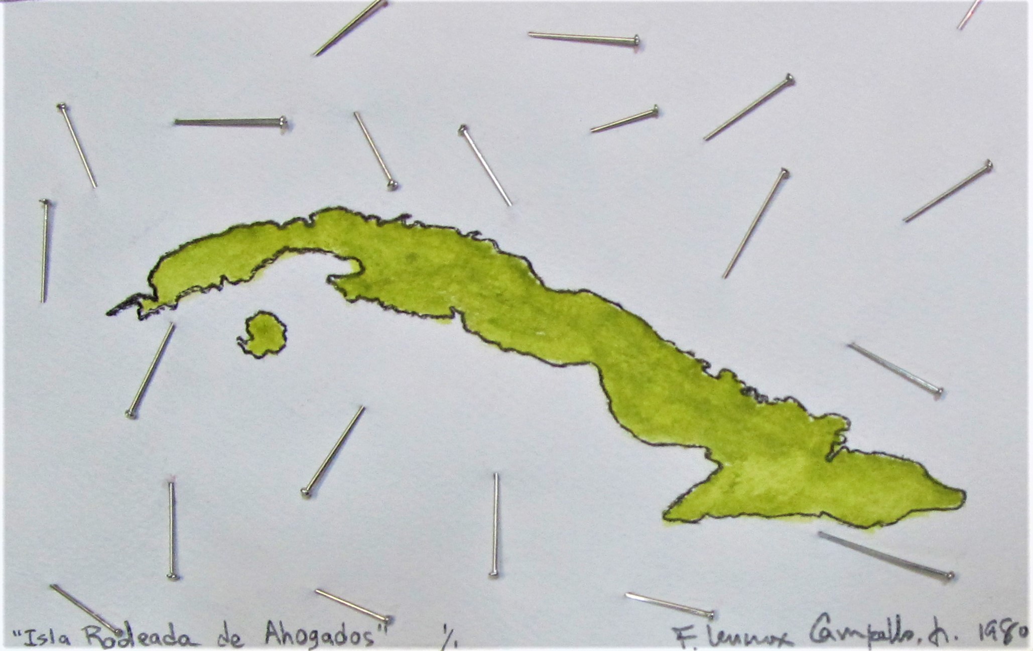 Original 1980 Cuba Series hand-enhanced monoprint by Florencio Lennox Campello