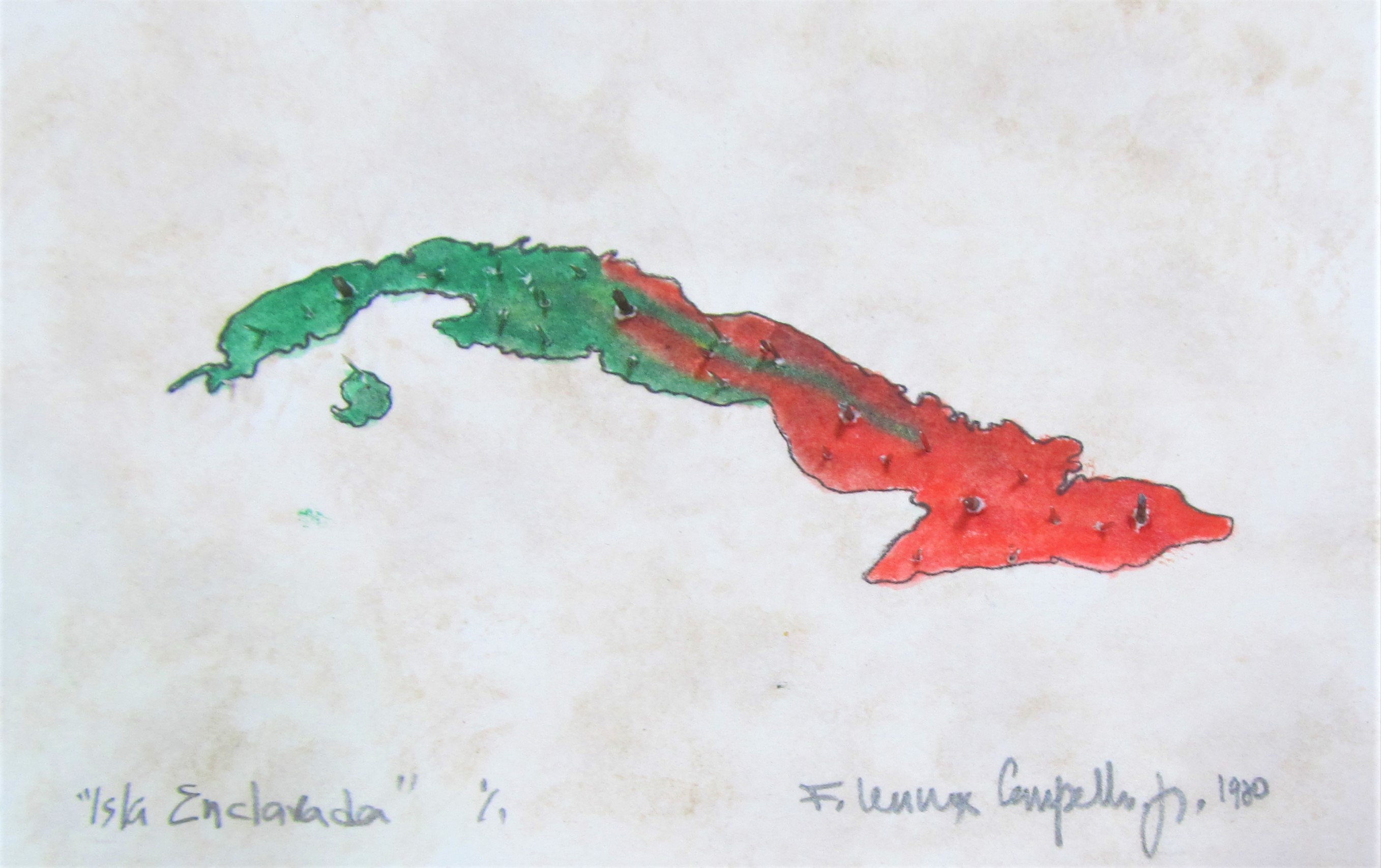 Original 1980 Cuban mixed media monoprint by Florencio Lennox Campello