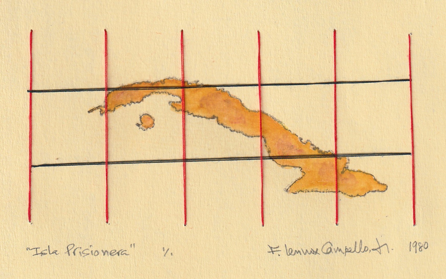 Original 1980 Cuban mixed media piece by Florencio Lennox Campello