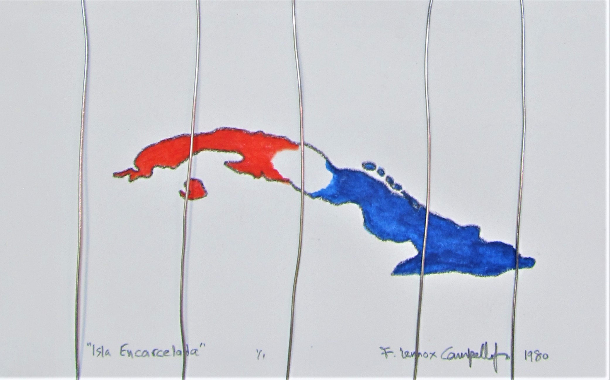 Original 1980 Cuban mixed media monoprint by Florencio Lennox Campello